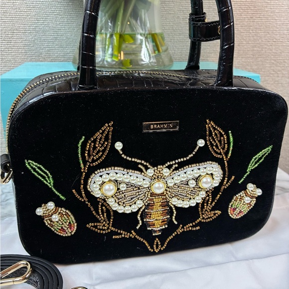 Brahmin Mara Black Attenborough Velvet & Croc Embossed Pearl & Bead Embellished - Picture 2 of 10